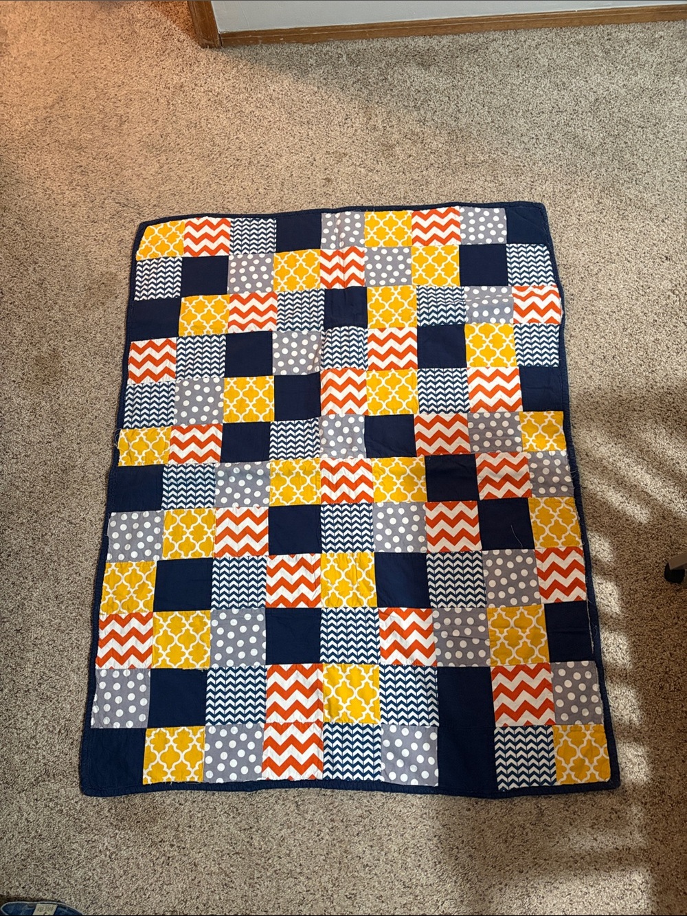 Navy Patchwork Baby Quilt with Yellow, Orange & Gray Squares